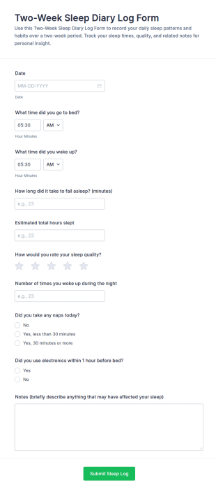Two Week Sleep Diary Log Form Template