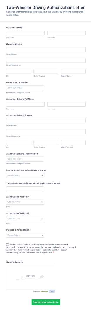Two Wheeler Driving Authorization Letter Form Template