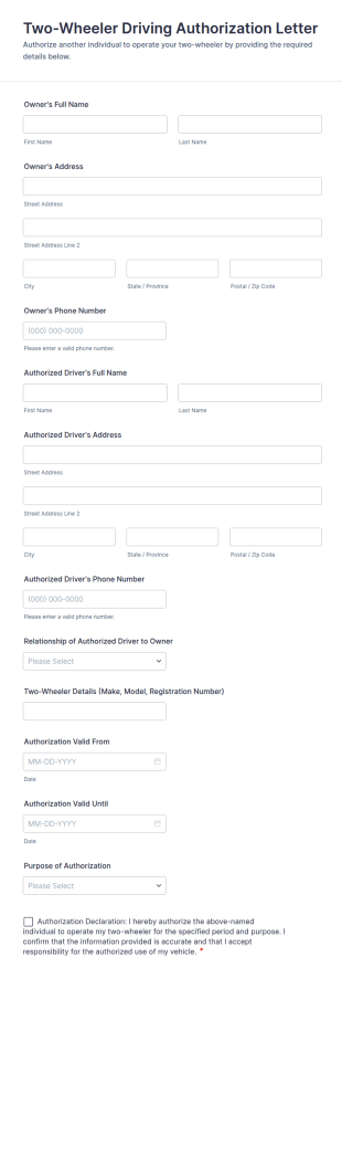Two Wheeler Driving Authorization Letter Form Template