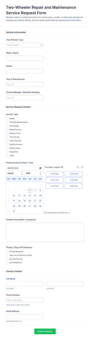 Two Wheeler Repair And Maintenance Service Request Form Template