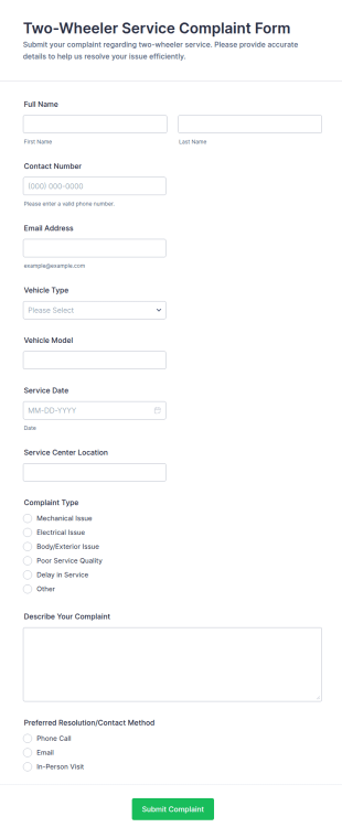 Two Wheeler Service Complaint Form Template