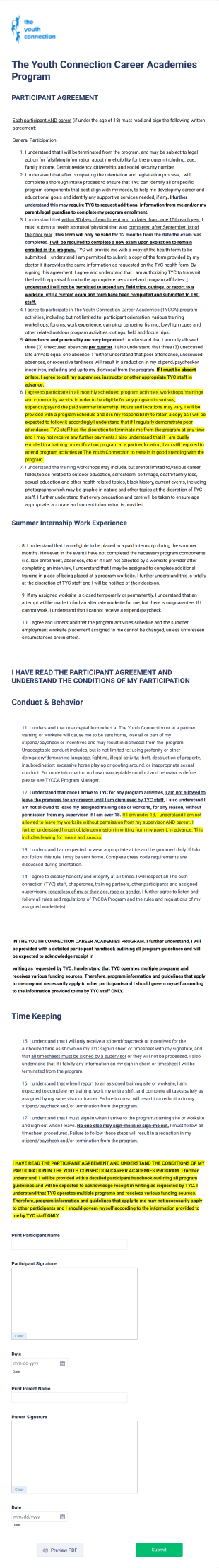 Career Program Participation Agreement Form Template