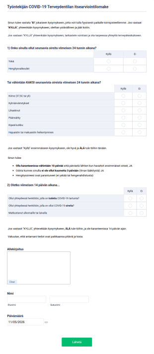 Työntekijän COVID 19 Terveydentilan Itsearviointilomake