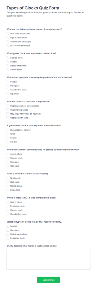 Types Of Clocks Quiz Form Template