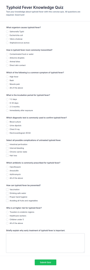 Typhoid Fever Knowledge Quiz Form Template