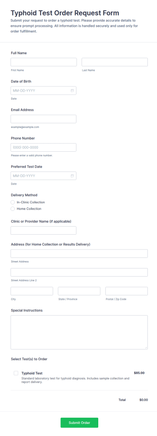 Typhoid Test Order Request Form Template