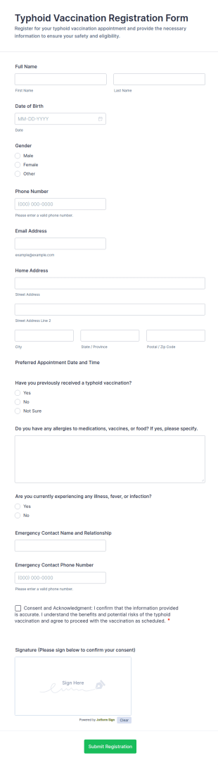 Typhoid Vaccination Registration Form Template
