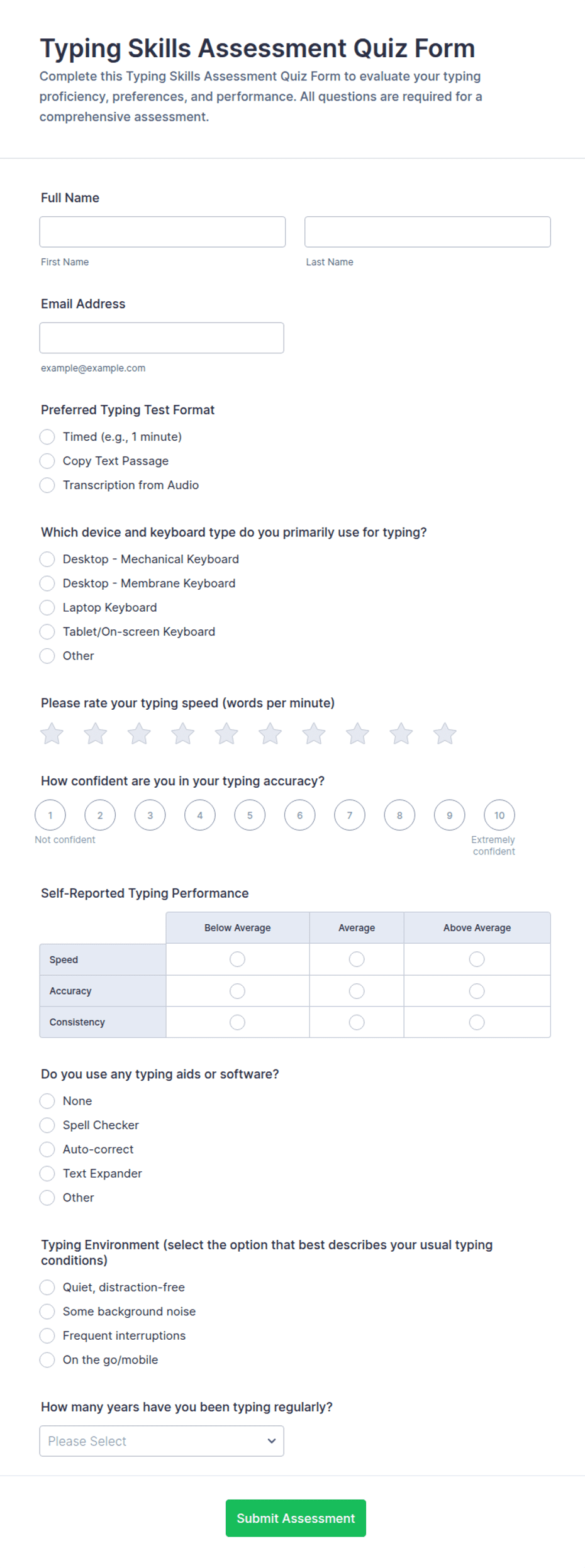 Typing Skills Assessment Quiz Form Template | Jotform