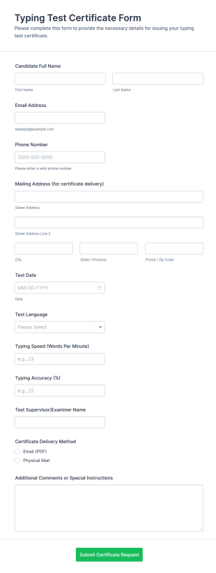 Typing Test Certificate Form Template