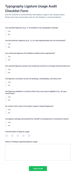 Typography Ligature Usage Audit Checklist Form Template