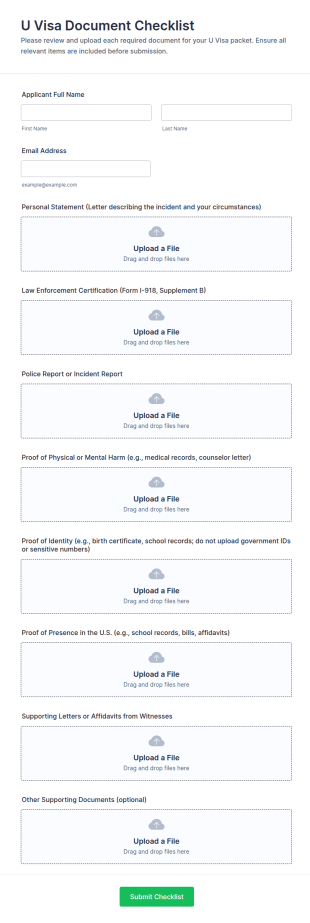 U Visa Document Checklist Form Template