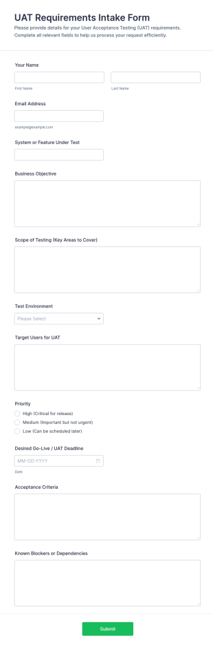UAT Requirements Intake Form Template