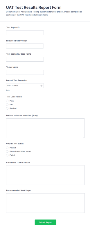 UAT Test Results Report Form Template