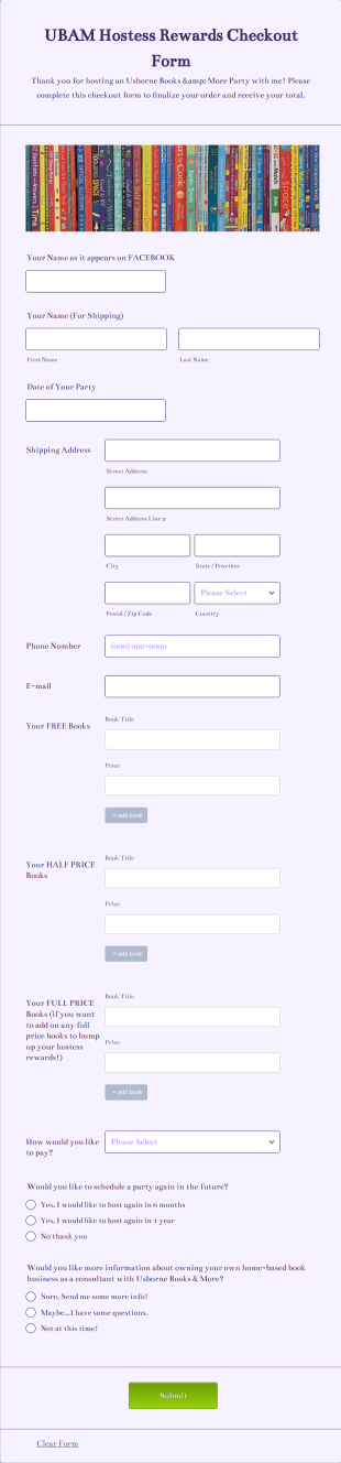 UBAM Hostess Rewards Checkout Form Template