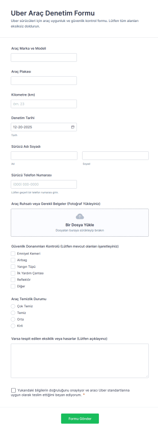 Uber Araç Denetim Form Template