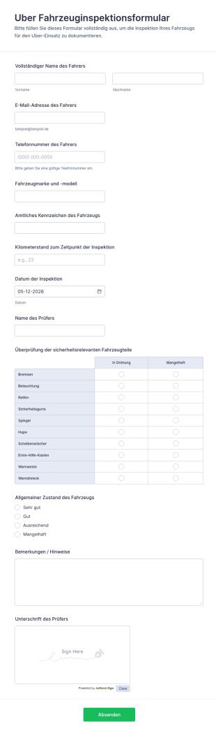Uber Fahrzeuginspektionsformular