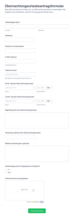 Übernachtungsurlaubsantragsformular