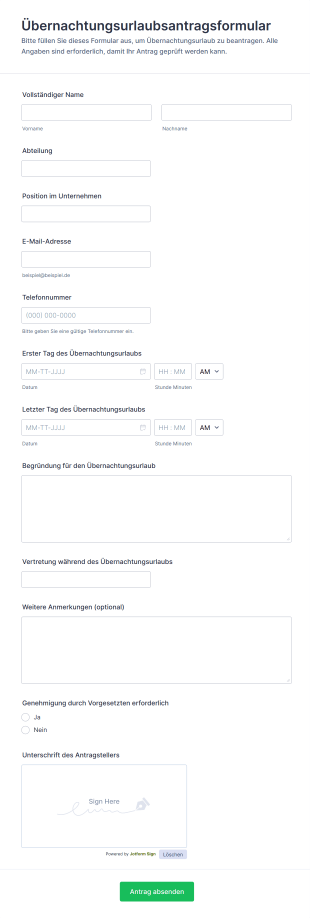Übernachtungsurlaubsantragsformular