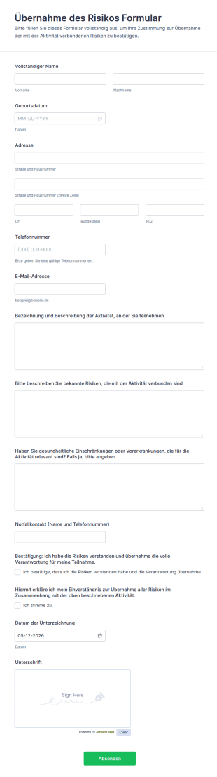 Übernahme Des Risikos Formular