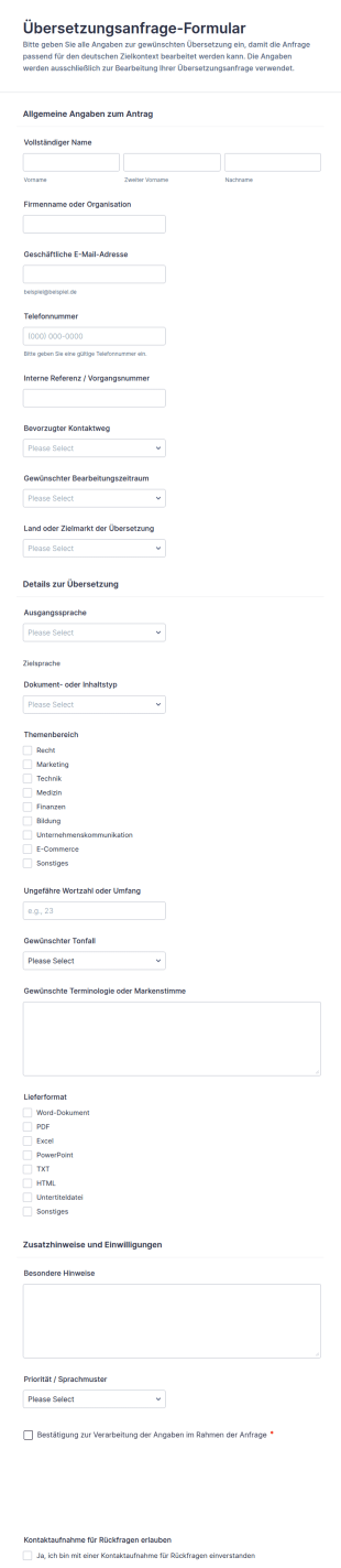 Übersetzungsanfrage Formular
