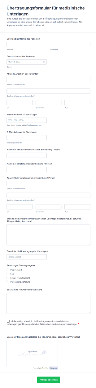 Übertragungsformular Für Medizinische Unterlagen