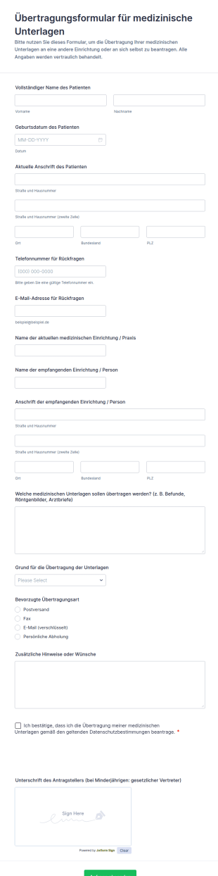Übertragungsformular Für Medizinische Unterlagen