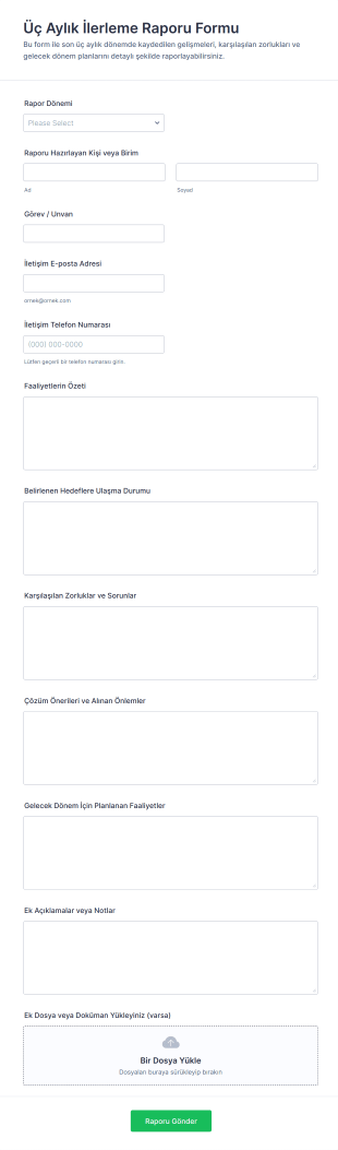 Üç Aylık İlerleme Raporu Form Şablonu