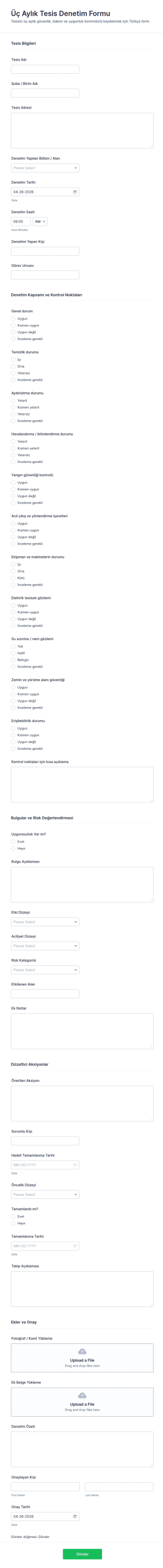 Üç Aylık Tesis Denetim Raporu Form Şablonu
