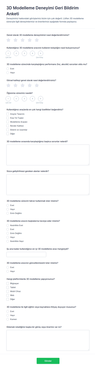 Üç Boyutlu Modelleme Deneyimi Geri Bildirim Anketi Form Şablonu