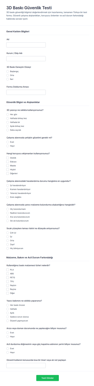 Üç Boyutlu Yazdırma Güvenlik Değerlendirme Anketi Form Şablonu
