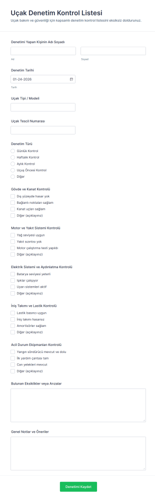 Uçak Denetim Kontrol Listesi Form Şablonu