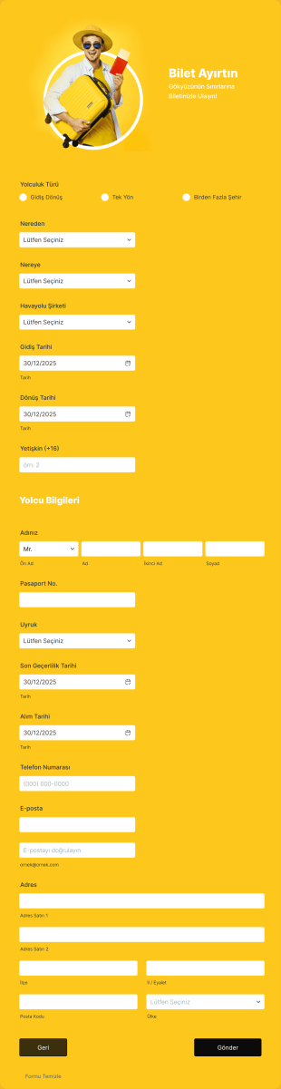 Uçuş Rezervasyon Form Şablonu