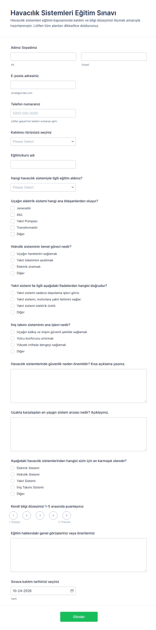 Uçak Sistemleri Eğitim Sınavı Form Şablonu