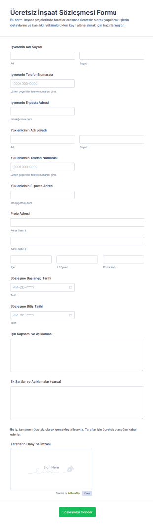 Ücretsiz İnşaat Sözleşmesi Form Şablonu