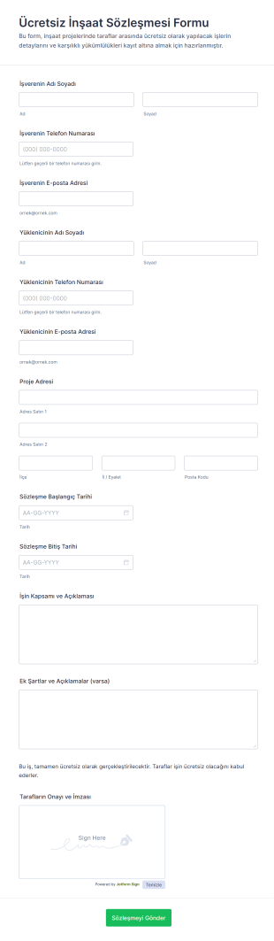 Ücretsiz İnşaat Sözleşmesi Form Şablonu
