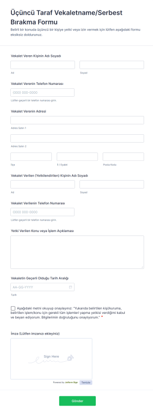 Üçüncü Taraf Vekaletname/Serbest Bırakma Form Template