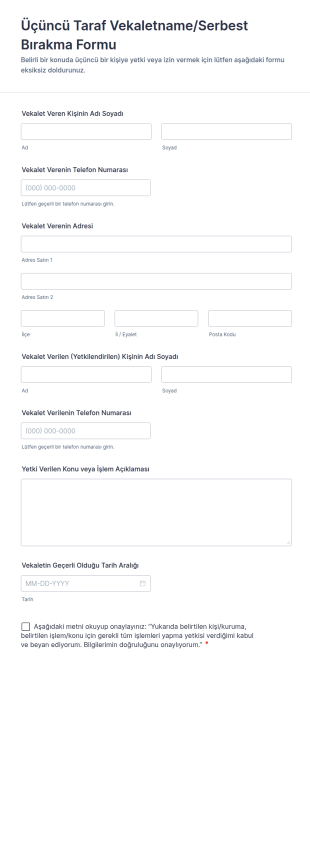 Üçüncü Taraf Vekaletname/Serbest Bırakma Form Şablonu