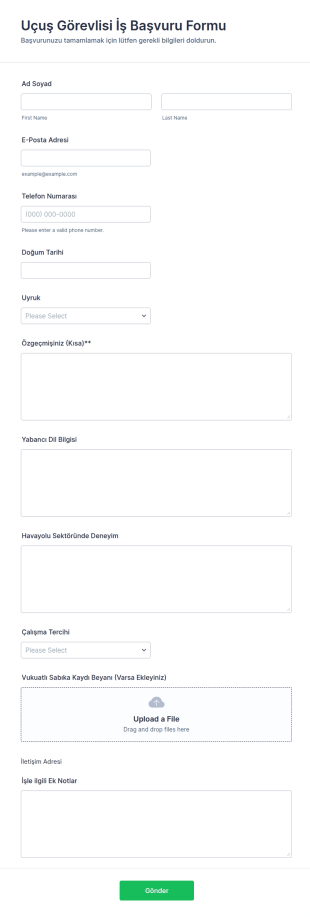 Uçuş Görevlisi İş Başvuru Form Şablonu