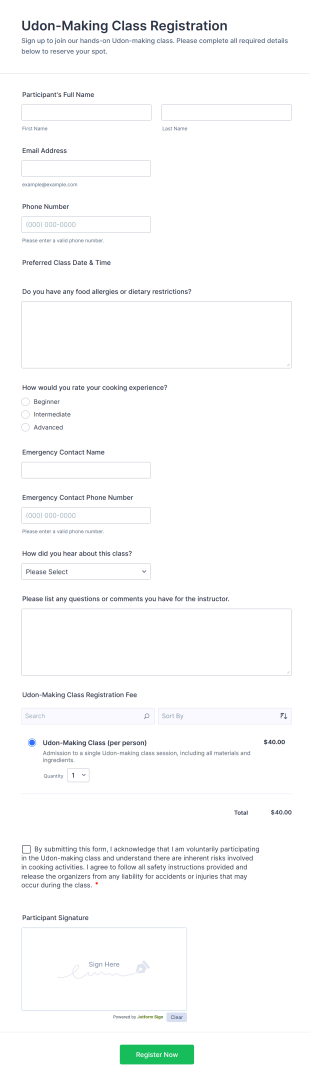 Udon Making Class Registration Form Template