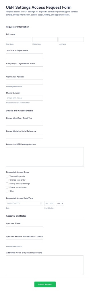 UEFI Settings Access Request Form Template