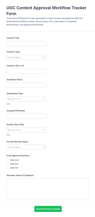 UGC Content Approval Workflow Tracker Form Template