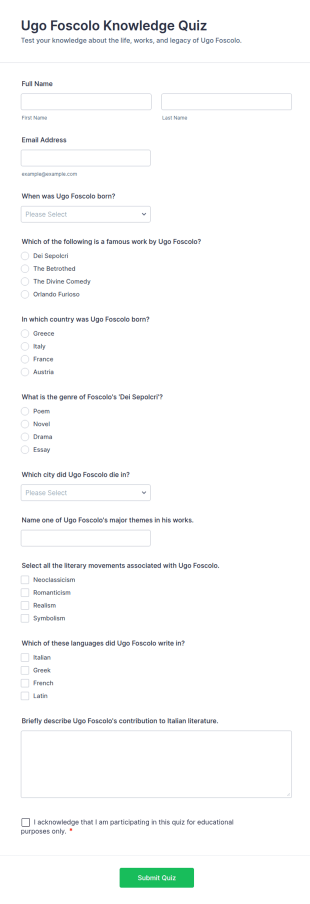 Ugo Foscolo Knowledge Quiz Form Template