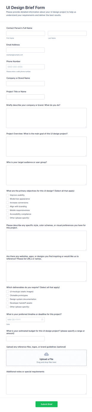 UI Design Brief Form Template