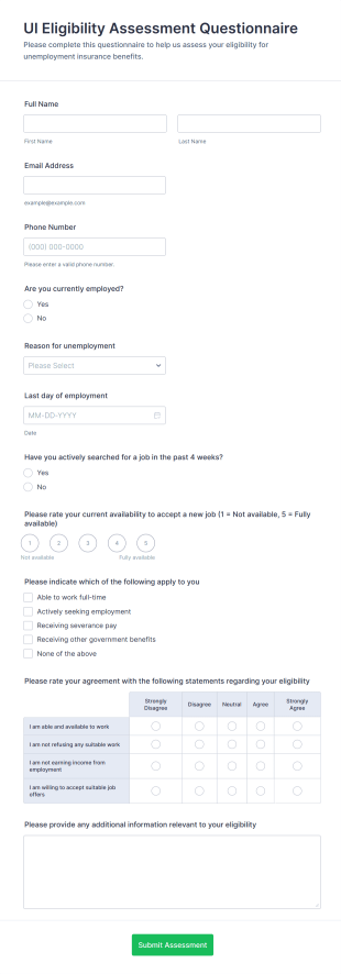 UI Eligibility Assessment Questionnaire Form Template