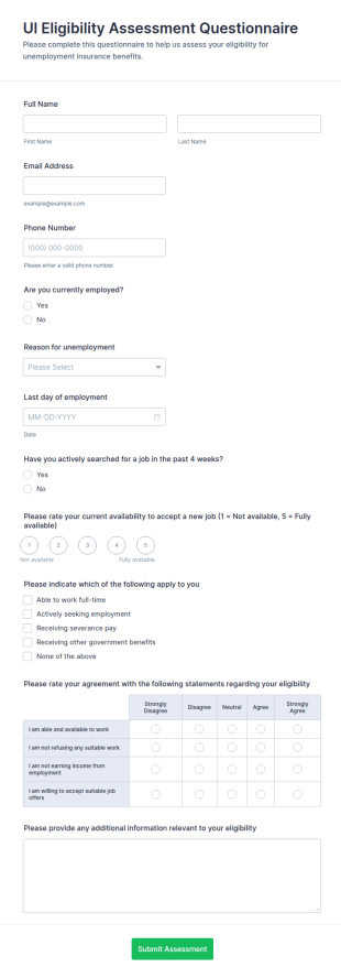 UI Eligibility Assessment Questionnaire Form Template