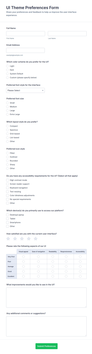 UI Theme Preferences Form Template