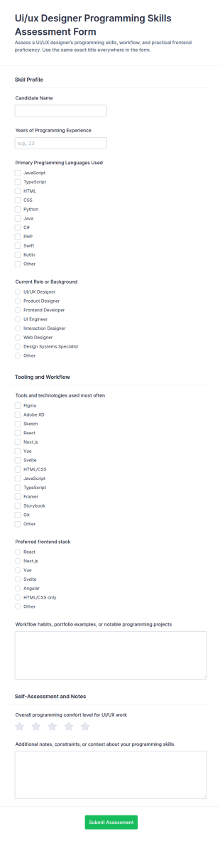 UI/UX Designer Programming Skills Assessment Form Template