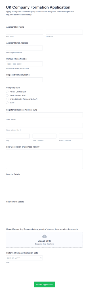 UK Company Formation Application Form Template