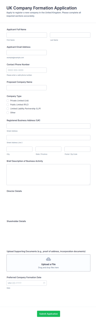UK Company Formation Application Form Template