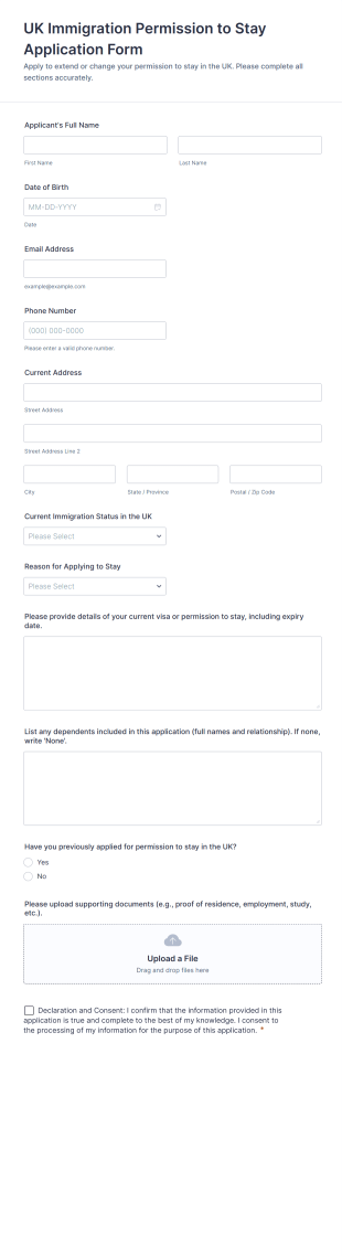 UK Immigration Permission To Stay Application Form Template